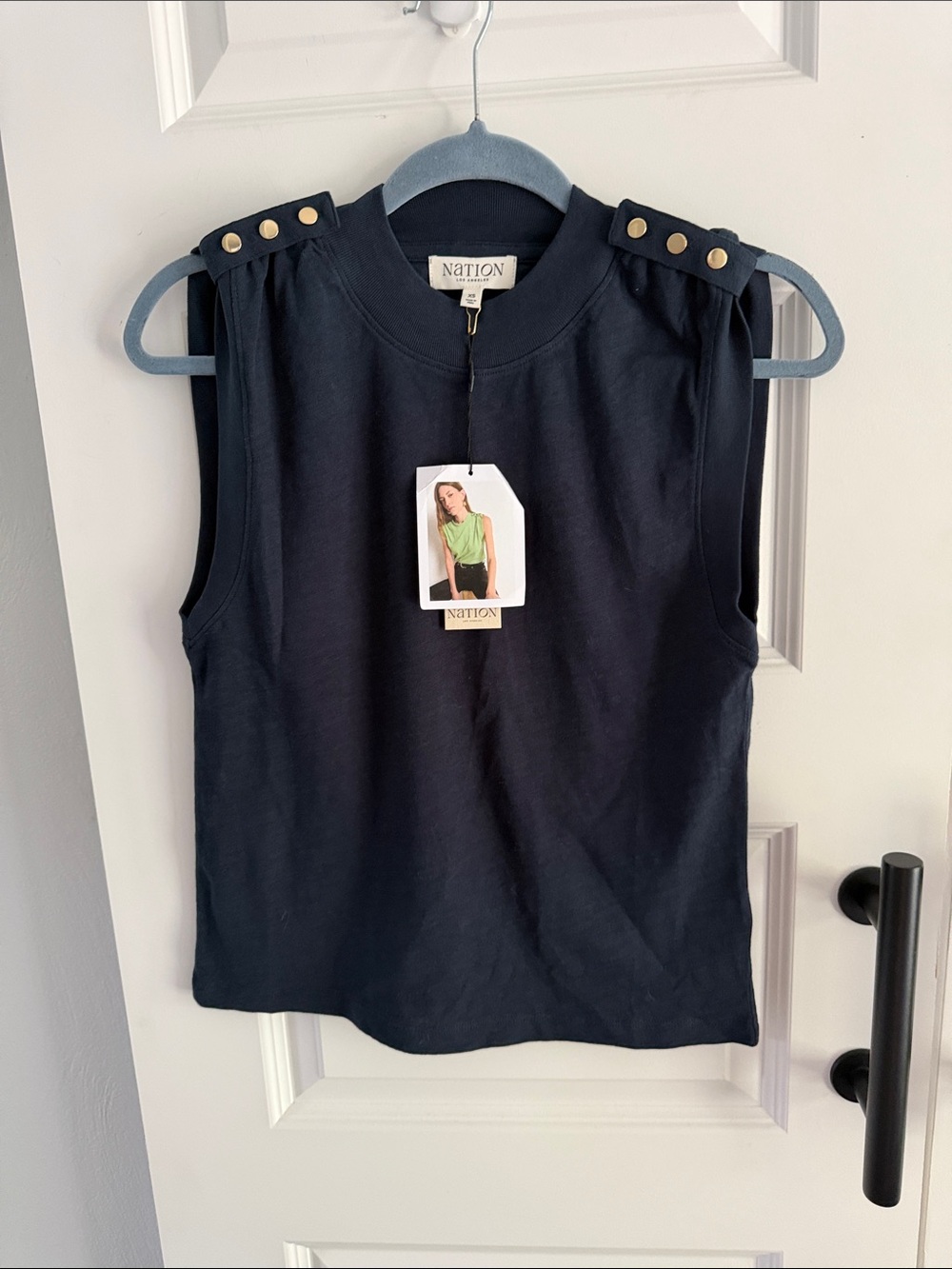Nation LTD Sleeveless Navy Button-Shoulder Top